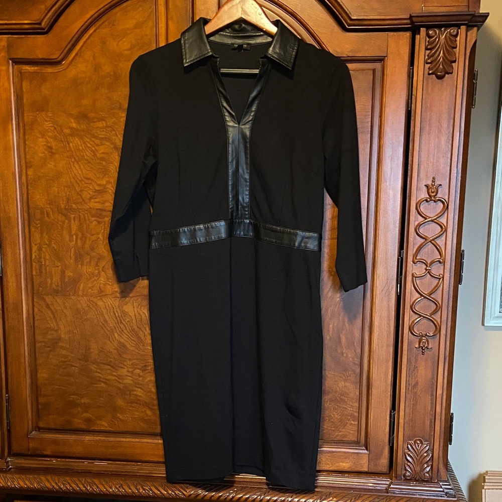Talbots Black Faux Leather Trim Ponte Dress Size 10 Petite - Picture 2 of 8